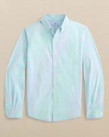 Southern Tide Boys' Amelia Island Stripe Charleston Long Sleeve Button Down in Ocean Channel detail view
