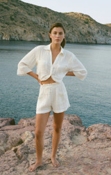 Z Supply Women's Emory Airy Gauze Shorts in White, campaign styling