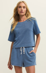 Z Supply Women's Curran Knit Denim Top in Calypso Blue Indigo front view