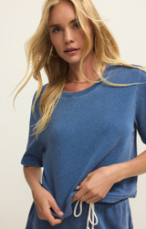 Z Supply Women's Curran Knit Denim Top in Calypso Blue Indigo detail view
