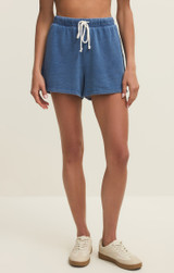 Z Supply Women's Hunter Knit Denim Shorts in Calypso Blue Indigo front detail