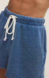 Z Supply Women's Hunter Knit Denim Shorts in Calypso Blue Indigo hem detail
