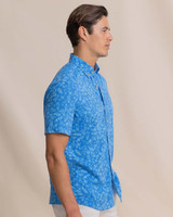 Southern Tide Pineapple Parade Linen Rayon Short Sleeve Sport Shirt in Blue Stream front view
