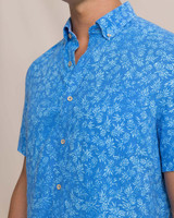 Southern Tide Pineapple Parade Linen Rayon Short Sleeve Sport Shirt in Blue Stream full length