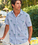 Vineyard Vines Men's Under The Palms Cotton Short-Sleeve Shirt in Breaker Blue flat lay