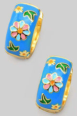Lacquered Floral Hinge Hoops in Blue/Gold
