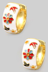 Lacquered Floral Hinge Hoops in White/Gold
