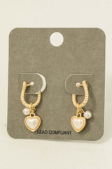 Pearl And Heart Charm Hoop Earrings gold and cream finish
