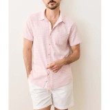 Marine Layer Men's Stretch Selvage Short Sleeve Shirt in Pink Mini Stripe collar detail