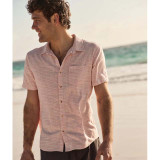Marine Layer Men's Stretch Selvage Short Sleeve Shirt in Pink Mini Stripe sleeve detail