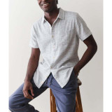 Marine Layer Men's Stretch Selvage Short Sleeve Shirt in Blue Mini Stripe sleeve detail