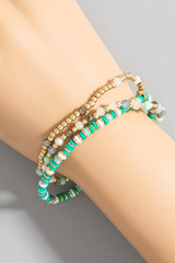 Metallic Faceted And Disc Beaded Bracelet Set in Gold/Mint