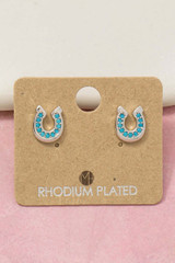 Fame Accessories Gold Dipped Western Horse Shoe Stud Earrings in Silver/Turquoise