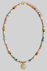 Turquoise Stud Sun Pendant Mixed Beaded Necklace