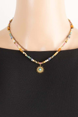 Turquoise Stud Sun Pendant Mixed Beaded Necklace