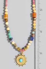 Turquoise Stud Sun Pendant Mixed Beaded Necklace