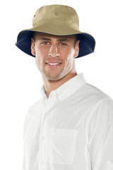 Coolibar Landon Reversible Bucket Hat in Tan/Navy back view