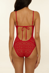 The Becca Women's Color Play Plunge One Piece Swimsuit in Apple and Tan