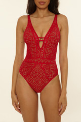 The Becca Women's Color Play Plunge One Piece Swimsuit in Apple and Tan