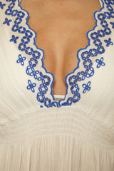 Becca Barbados N-Neck Tunic White and Lapis neckline detail