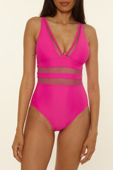 The BCA By Rebecca Virtue Women's Sheer Edge Mesh One-Piece Swimsuit in Fizz Pink