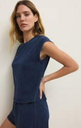 Z Supply Women's Camino Cotton Jersey Denim Top in Indigo detail view
