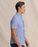 The Southern Tide Men's Seamark Stripe Linen Rayon Sport Shirt in Nautical Navy