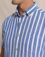 The Southern Tide Men's Seamark Stripe Linen Rayon Sport Shirt in Nautical Navy