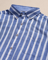 The Southern Tide Men's Seamark Stripe Linen Rayon Sport Shirt in Nautical Navy