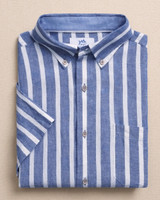 The Southern Tide Men's Seamark Stripe Linen Rayon Sport Shirt in Nautical Navy