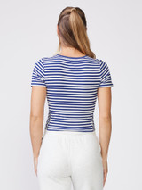 Thrive Societe Women's Stripe Crew Neck Tee in Night Sky White