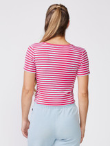 Thrive Societe Women's Stripe Crew Neck Tee in Solar Pink White