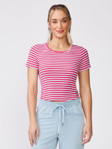 Thrive Societe Women's Stripe Crew Neck Tee in Solar Pink White
