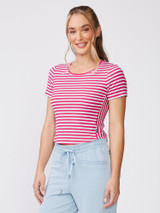 Thrive Societe Women's Stripe Crew Neck Tee in Solar Pink White full length