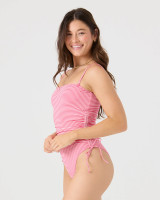 Roxy Women's Good Vibes Moderate One Piece Swimsuit in pink and white front view