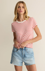 Z Supply Women's Junie Striped Tee in Lychee detail