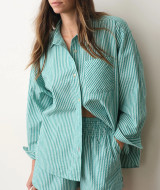 Marine Layer Gracey Oversized Seersucker Shirt Mocha Stripe styled