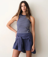 Marine Layer Lexi Rib High Neck Tank Top Cream Black Stripes front view
