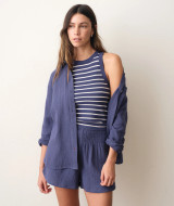 Marine Layer Lexi Rib High Neck Tank Top Cream Black Stripes side view