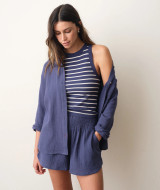 Marine Layer Lexi Rib High Neck Tank Top Cream Black Stripes back view