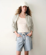 Marine Layer Rosalie Denim Bermuda Shorts medium wash flat lay