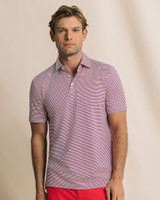 The Southern Tide Men's Coastal Breeze Pelican Landing Stripe Polo in Channel Marker Red