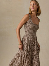 Faherty Sophia Smocked Dress Chocolate Petal full view