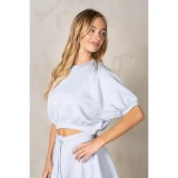 La Biz Women's Neoprene Cropped Raglan Short Sleeve Sweatshirt in Pastel Blue