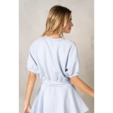 La Biz Women's Neoprene Cropped Raglan Short Sleeve Sweatshirt in Pastel Blue