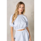 La Biz Women's Neoprene Cropped Raglan Short Sleeve Sweatshirt in Pastel Blue