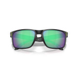 Oakley Men's Holbrook Court Collection sunglasses in matte black with Prizm Road Jade lenses, folded view.