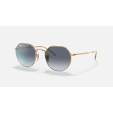 Ray-Ban Jack sunglasses in gold frame with blue gradient lenses, tilted view