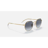 Ray-Ban Jack Sunglasses in gold frame with blue gradient lenses, tilted view.