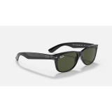 Ray-Ban New Wayfarer Classic sunglasses in gloss black with green lenses, tilted view